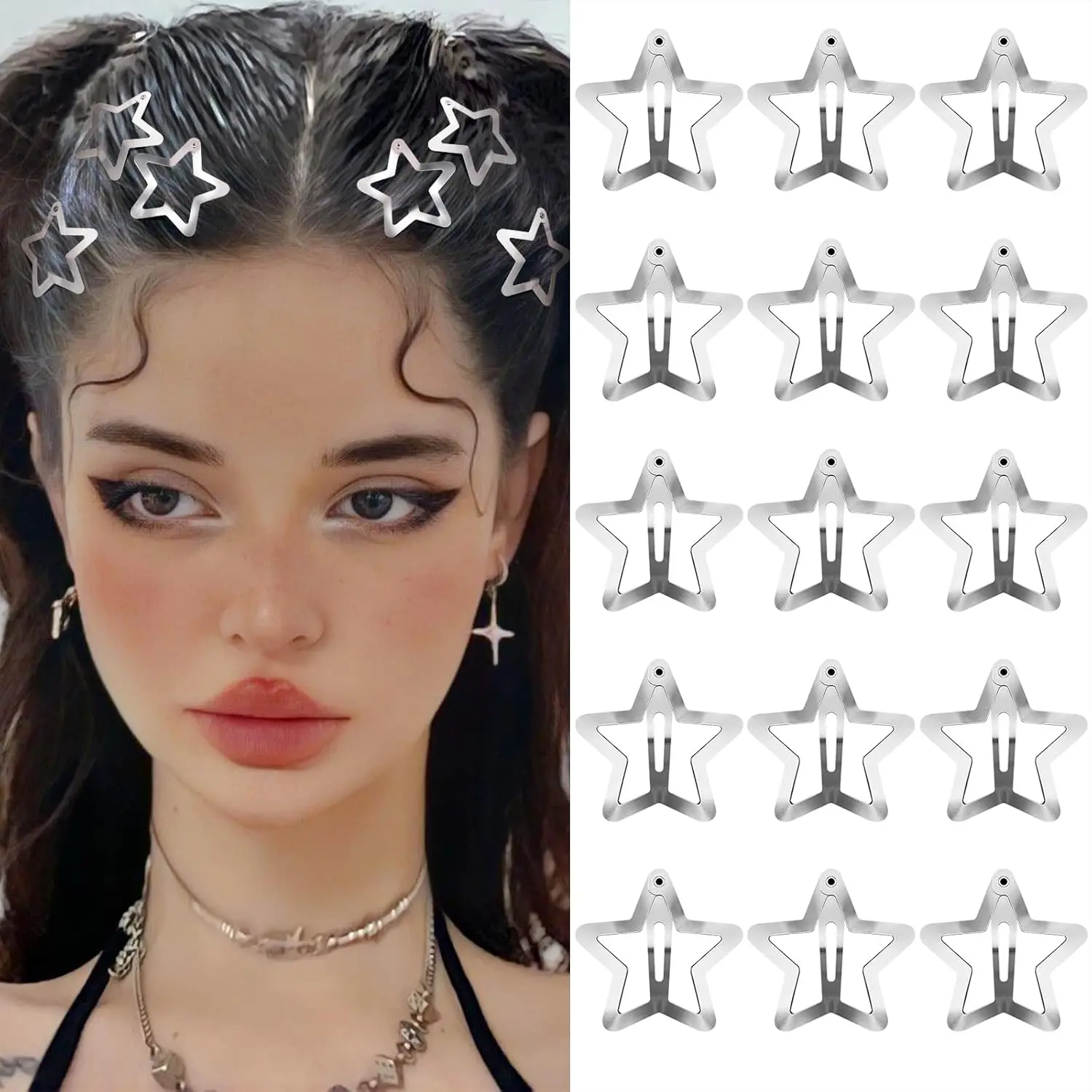 

Заколки для волос Y2K Star, нескользящие серебряные металлические заколки для девочек и женщин - 15 шт.
