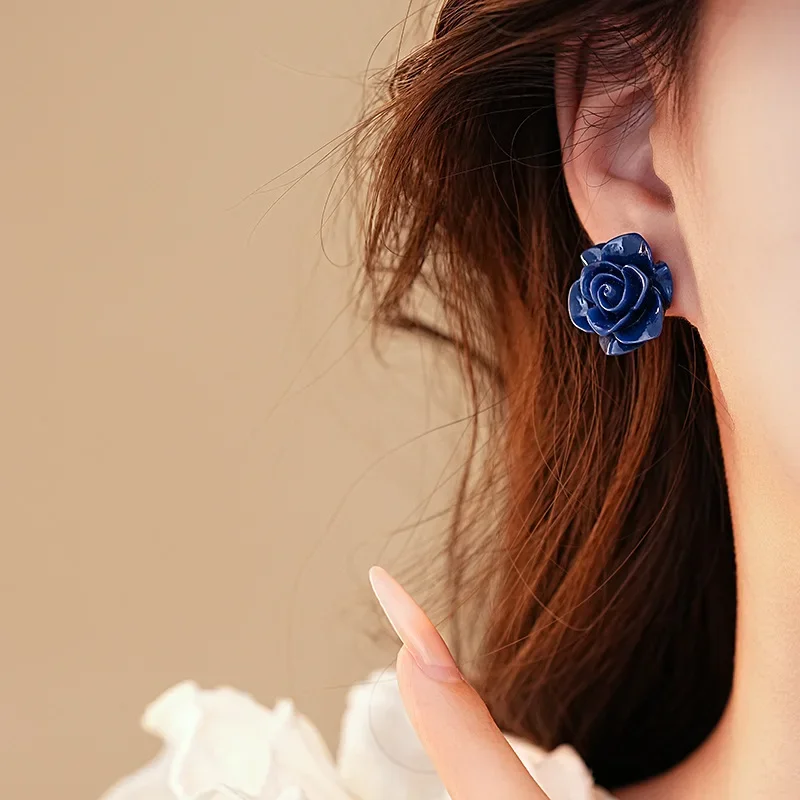 DREJEW Retro Blue Resin Rose Flower Earrings for Women Simple and Fashion Stud Earring High-end Korean Fahion Jewelry Gift - Image 4