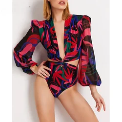 Ruffle Women's Swimsuit Long Sleeve One Piece Surfing Sexy Swimwear 2025 Print Bathing Bodysuit Beach Wear Swimming Suit