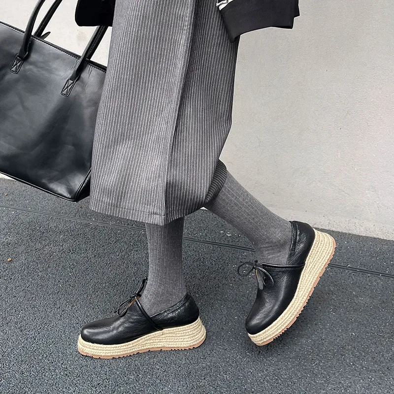MKKHOU موضة مضخات جديدة عالية الجودة حقيقية أحذية من الجلد حزام القش المنسوجة سميكة سوليد أحذية عالية الكعب المتسكعون حذاء كاجوال #2