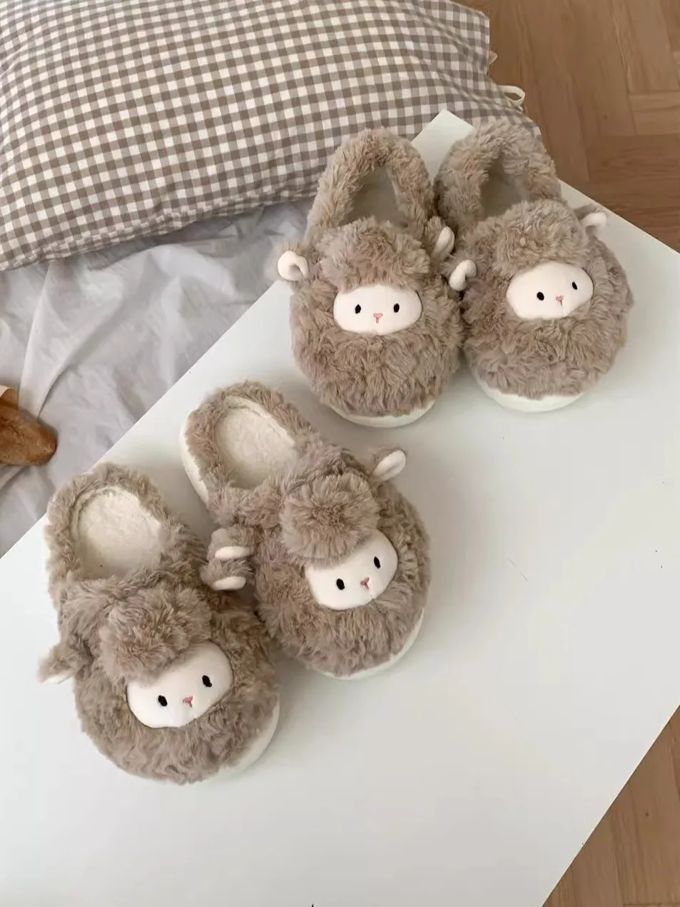 Cute Sheep SlippersWinter Bedroom Home Comfortable Soft Soled Fur Shoes Ins Soft Cute Lamb Cotton Slippers For Women