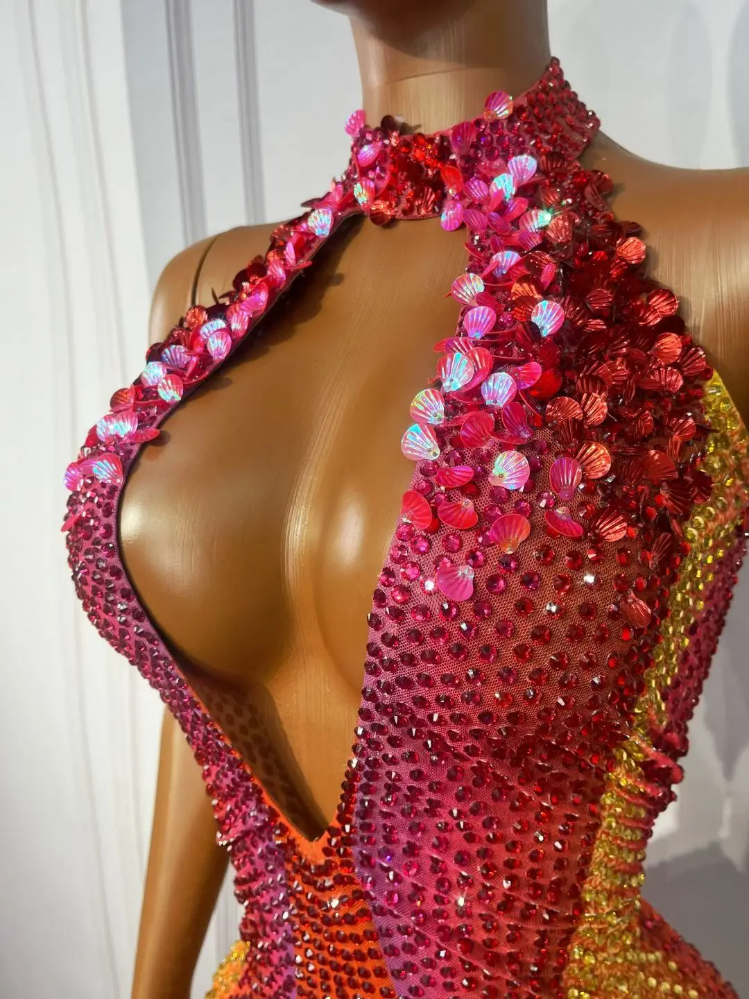 Honghaixia Luxury Gradient Hot Pink To Orange Sheer Mesh Crystal Short Dress Halter Keyhole Collar Nightclub Rave Outfit