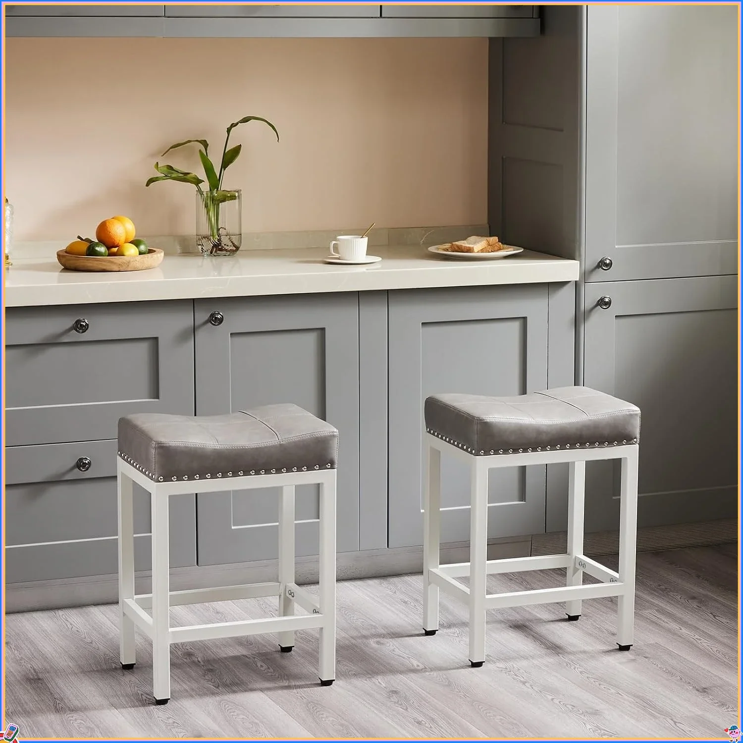 2-Pack 4 Inch Saddle Stools Gray, Height Adjustable with Thick Seat & Footrest for Kitchen