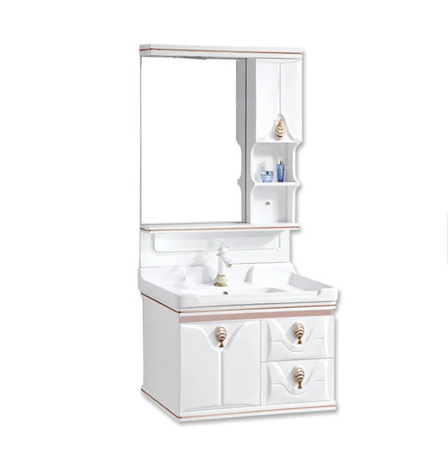 White wall mounted PVC bathroom cabinet with ceramic basin and mirror pvc bathroom cabinet led mirror cabinet