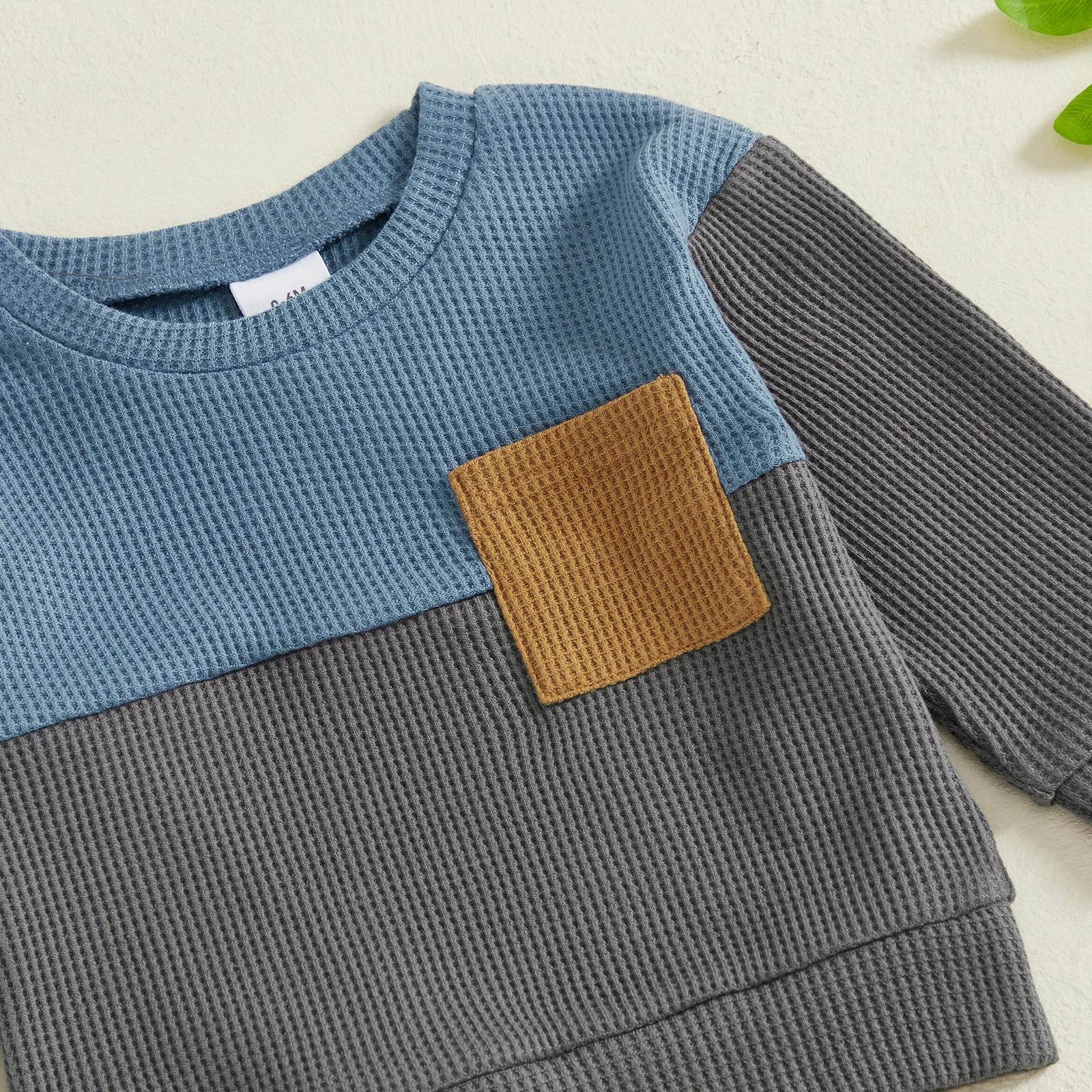 

Toddler Baby Boys Outfits Waffle Long Sleeve Contrast Color Round Neck Sweatshirts Tops + Elastic Waist Pants 2Pcs Tracksuits