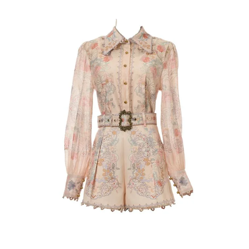   플로럴 패턴 셔츠 탑 하이웨이스트 팬츠 패셔너블한 의상 세트 엘레 벨벳 소재 롱 슬리브 드레스