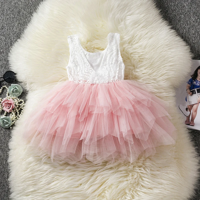 Lace Backless Girls Summer Dress 2024 Flower Design Baby Girl Birthday Clothing Kids Wedding Ball Gown Toddler Girl Casual Wears