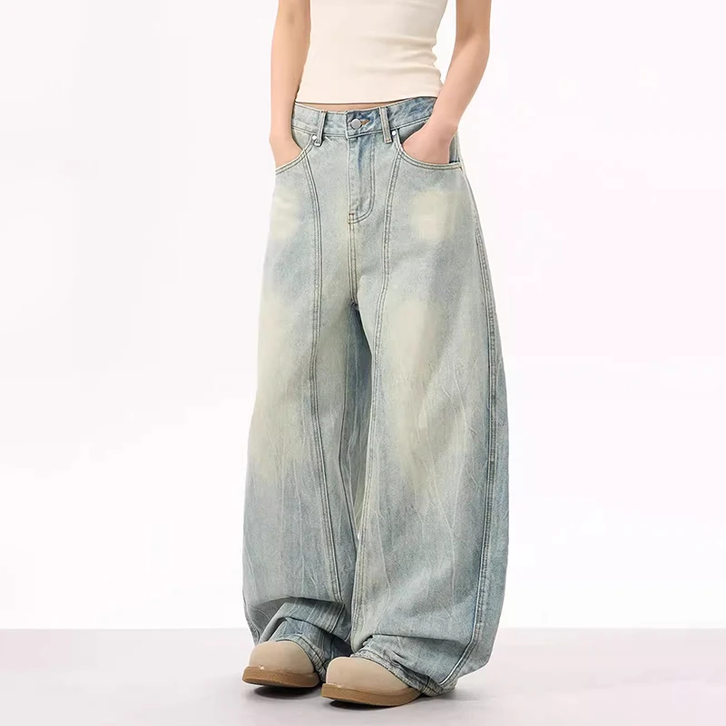 WTHT Vintage Men's Gradient Do Old Deconstruction Design Denim Pants Fashion High-waisted Wide Leg Jeans Male 2025 Summer 2A0873