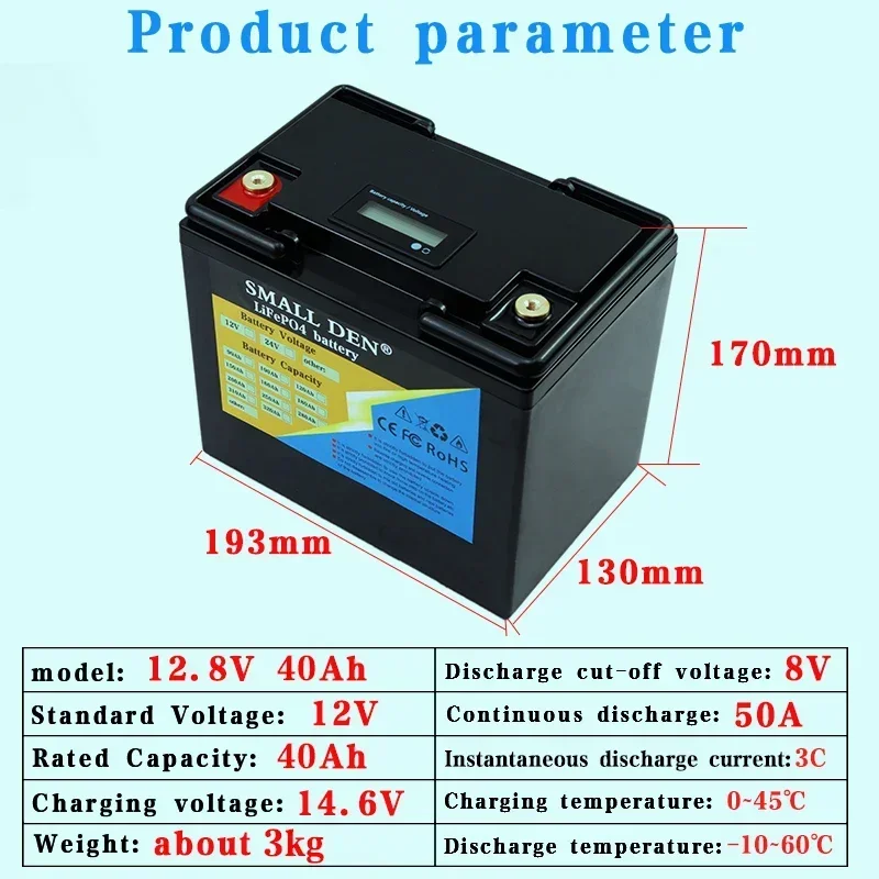 12v 40ah lithium iron phosphate battery, motorcycle boat, RV, golf cart, off-road off grid solar wind battery, 10a charger