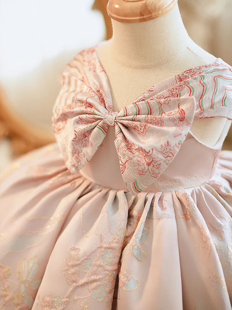 Robe tutu brodée rose fibre pour enfants, robes de princesse avec nœud, vêtements de performance pour enfants, robe de mariée pour filles