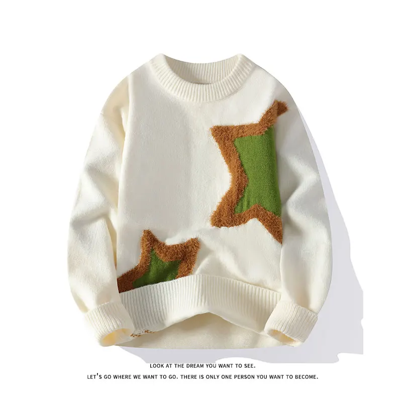 

Осень-зима, новый джемпер с рисунком пентаграммы, мужской пуловер больших размеров, свитер, корейский уличный тренд, трикотаж с круглым вырезом, топы для пар