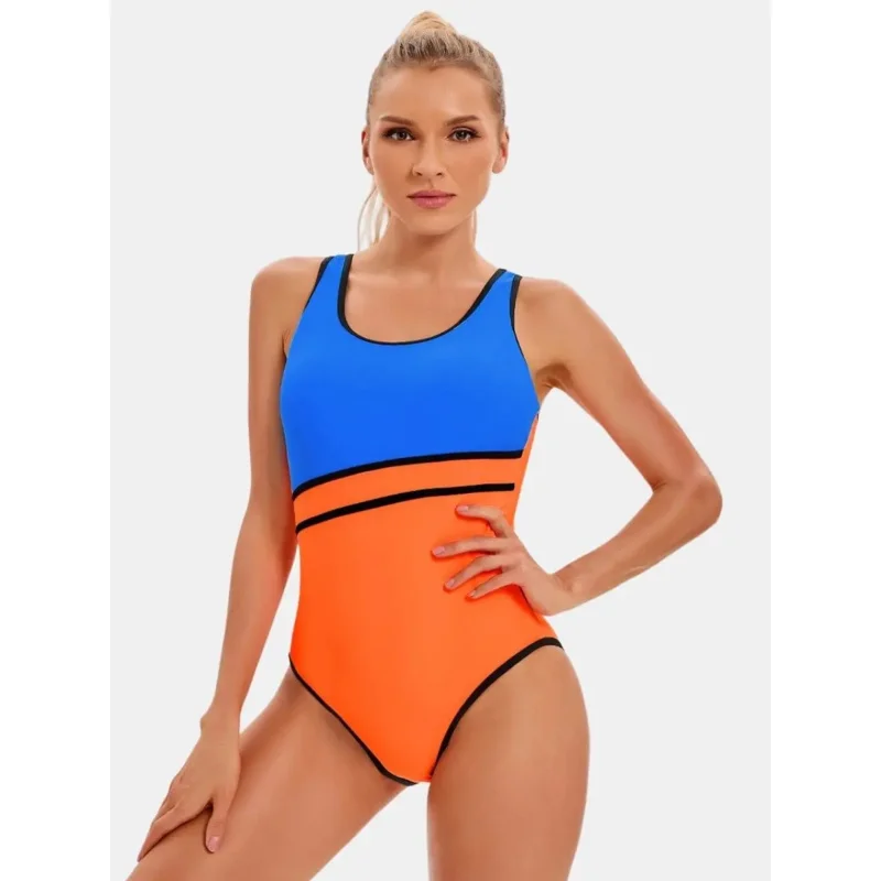 

Купальный костюм с цветными блоками и открытой спиной, профессиональный тренировочный купальник, спортивный цельный женский спортивный купальник