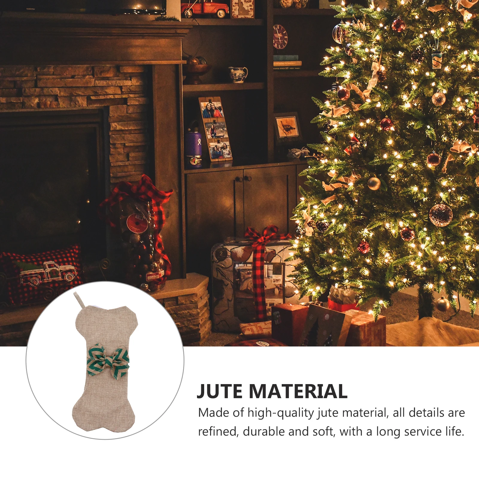 

Jute Christmas Stocking Decoration Xmas Burlap Gift Bag Bone Shape Bowknot Hanging Home Fireplace Window Party Festival