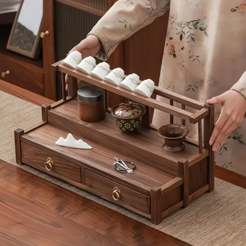 Black Walnut Tea Set Organizer Multi-Layer Curio Display Shelf New Chinese Style Desktop Organizer Solid Wood Tea Cup Holder
