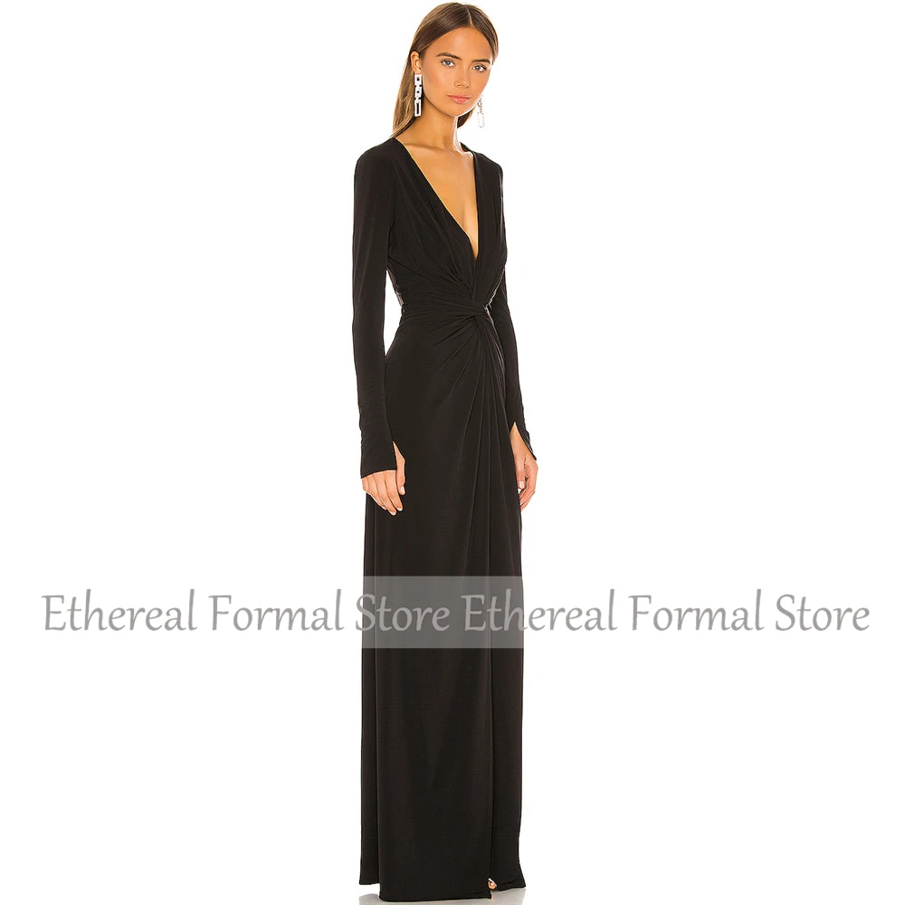 Vestido de noche negro de sirena con cuello en V, vestido de noche de manga larga con abertura para mujer, vestido de fiesta Formal largo y sencillo plisado