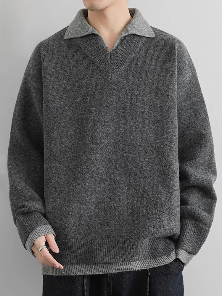 

Knitted Mo Two-Piece Men's Winter Faion Collar Lazy Sle Base irt Sweater Loose Fit Casual Loose Sle