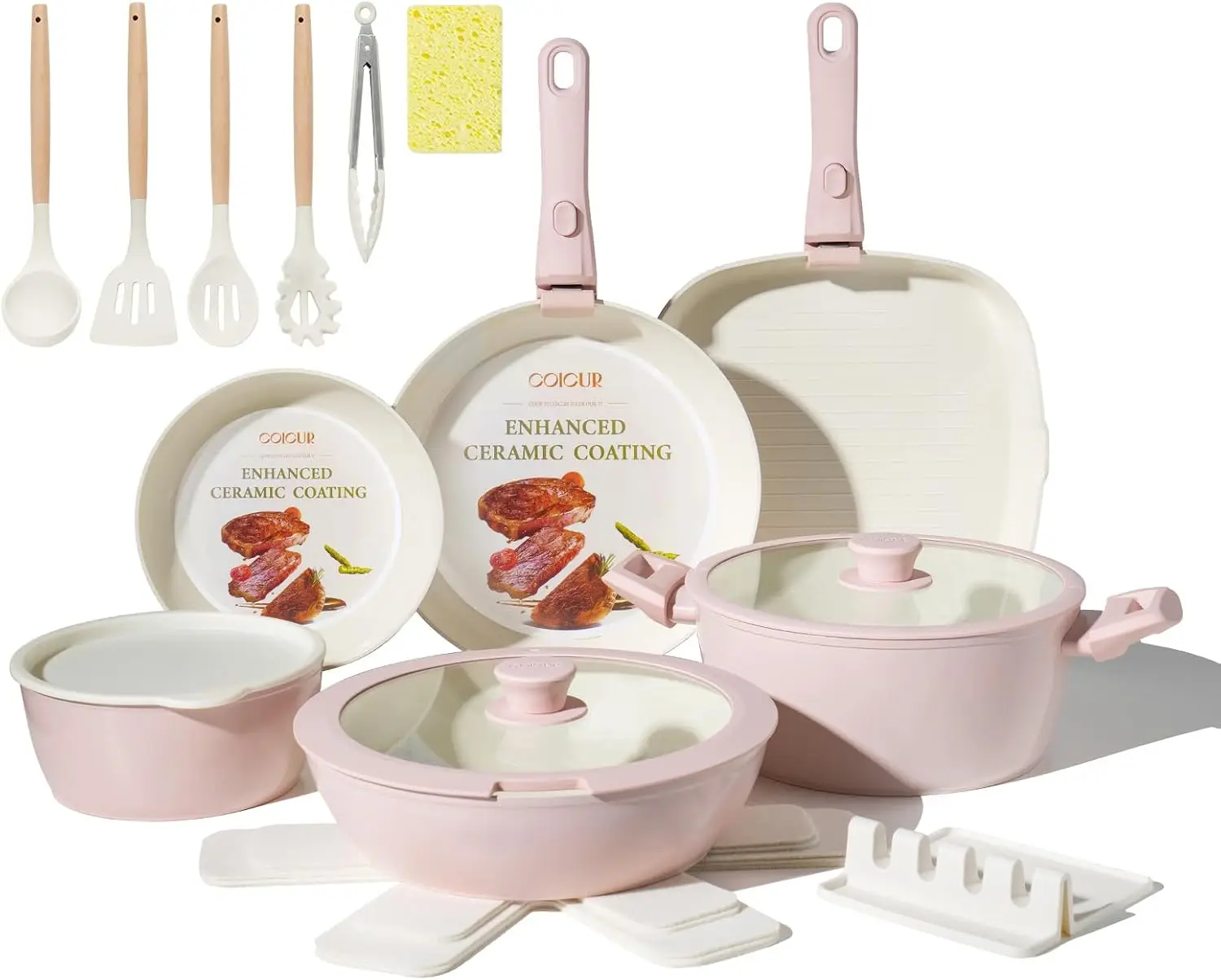 23 Piece Nonstick Ceramic Cookware Set Space Saving Detachable Handle Induction Oven Dishwasher Safe