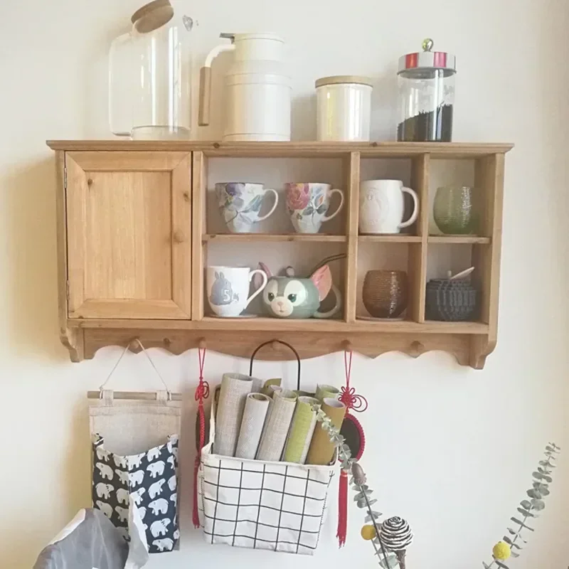 Retro Wall Storage Shelf, Solid Wood Kitchen Rack, Spice and Tea Cup Organizer, Home Wall Decoration Cabinet, Kitchen Organizer.