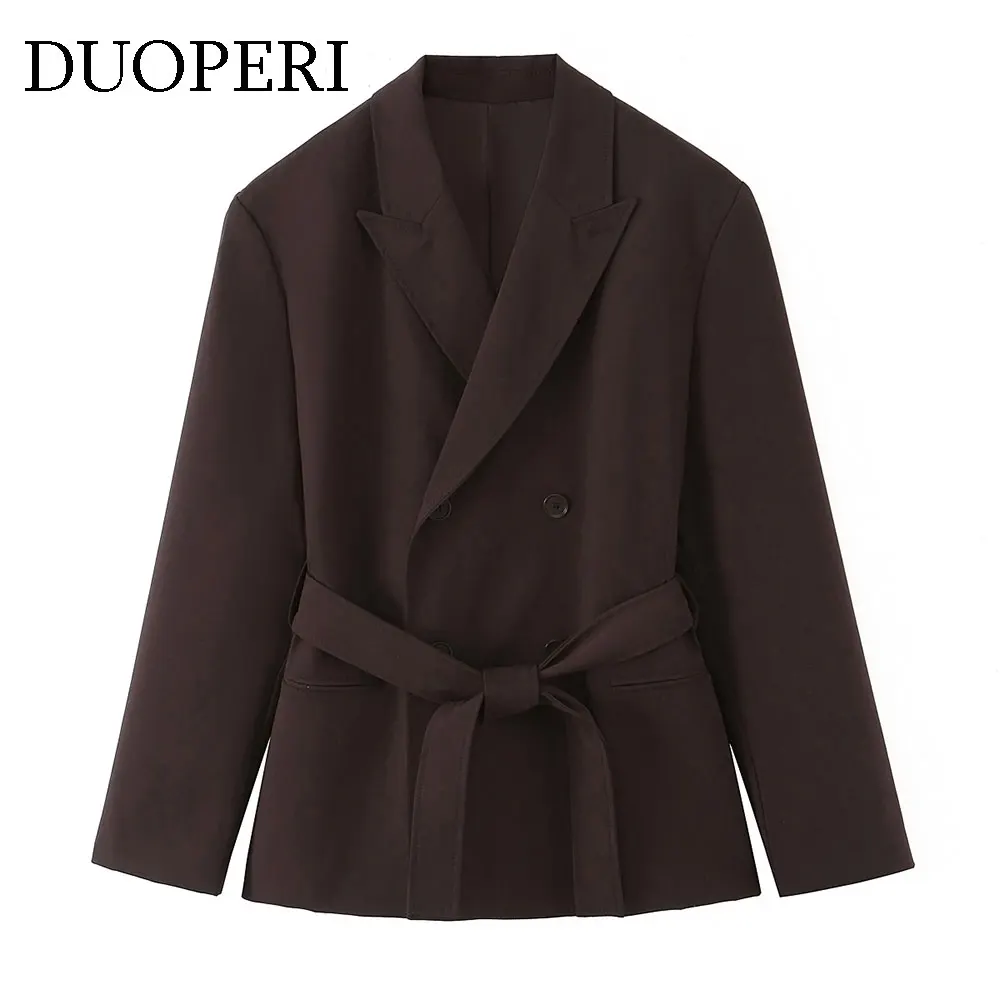 

DUOPERI женская мода с поясом коричневые короткие пальто повседневная куртка с длинными рукавами и воротником с лацканами женская элегантная шикарная женская одежда