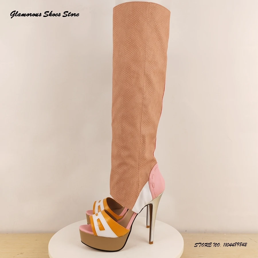 

Patchwork Platform Stiletto Boots Women's Round Open Toe Thin Heels Fashion Shoes Spring Summer Catwalk Runway Knee-high Boots