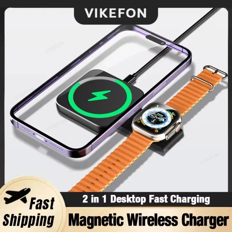 

Складное магнитное беспроводное зарядное устройство 2 в 1 для Magsafe iPhone 16 15 14 13 12 Samsung Xiaomi Apple Watch 9-2 Airpods Быстрая зарядка