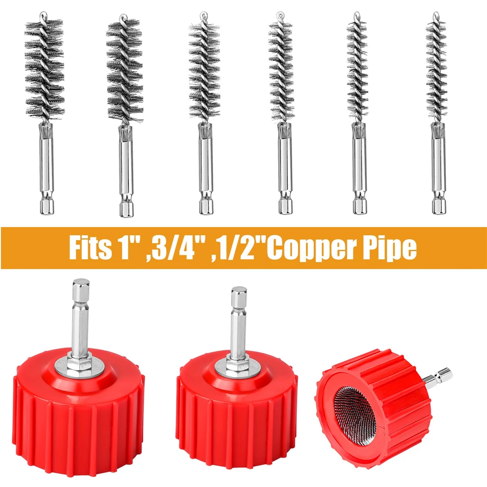 

9pcs Copper Tube Cleaner Kit Metal Pipe Cleaning Brush for Drill Plumbing Rust Removal Grinding Polishing Pipe Inner Hole Brush