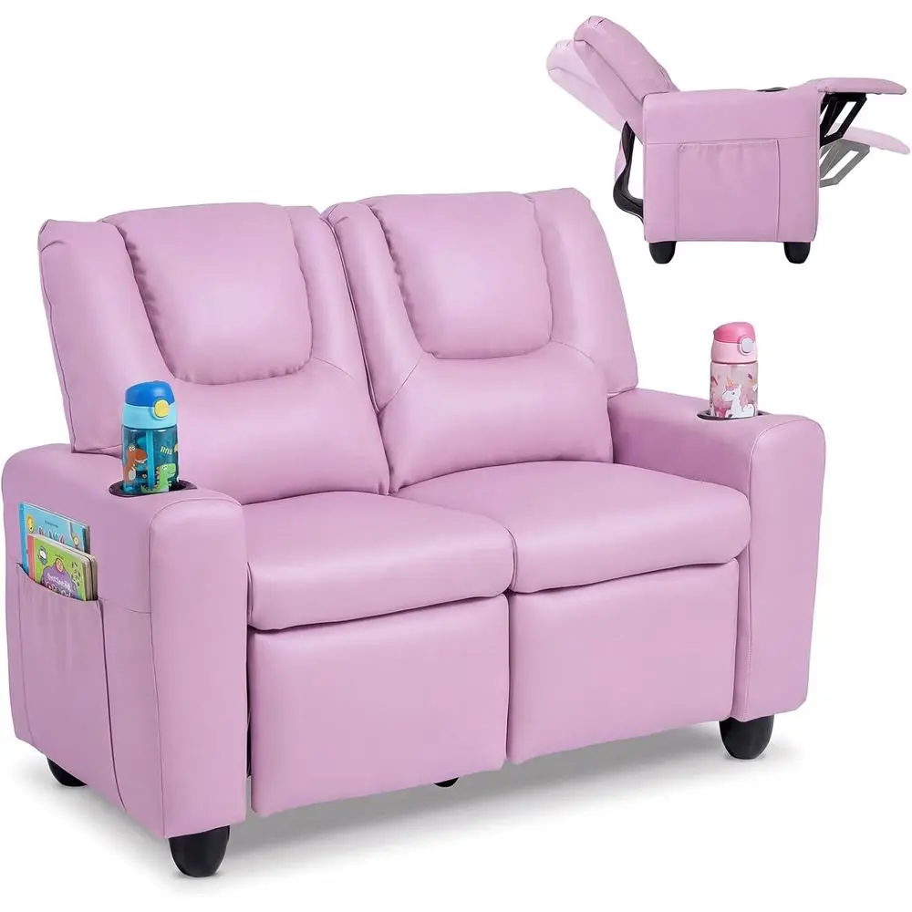 2-ater Kids Recliner, Doule Toddler Soa Chair w/2 Cup Holders & 2 Side Storakets, PU Leather Kids Loveat Couch w/Adjustale ackre