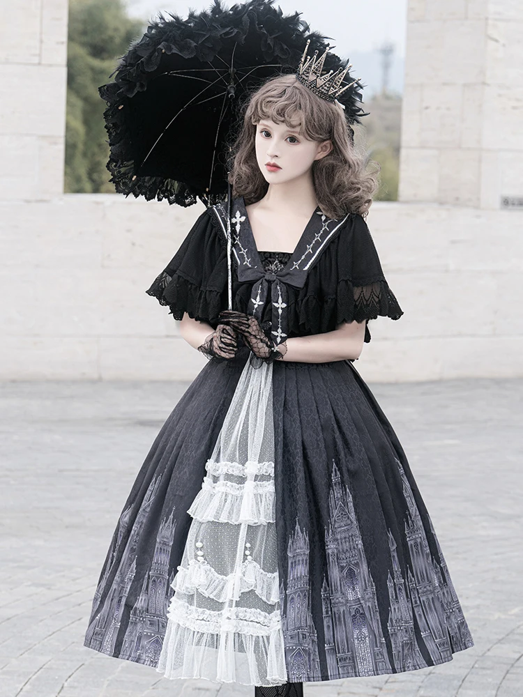 Original Lolita Gothic Girl Silent Church Cross Embroidered Dress Dark Lolita Daily Op Retro Dress