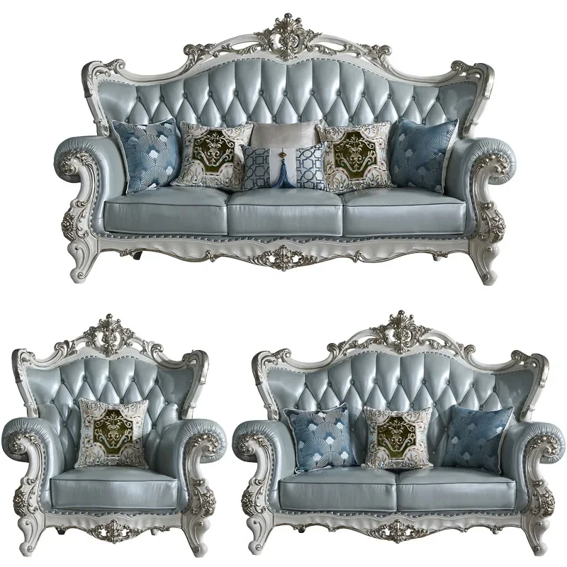 

European solid wood carving flower European leather living room leather French