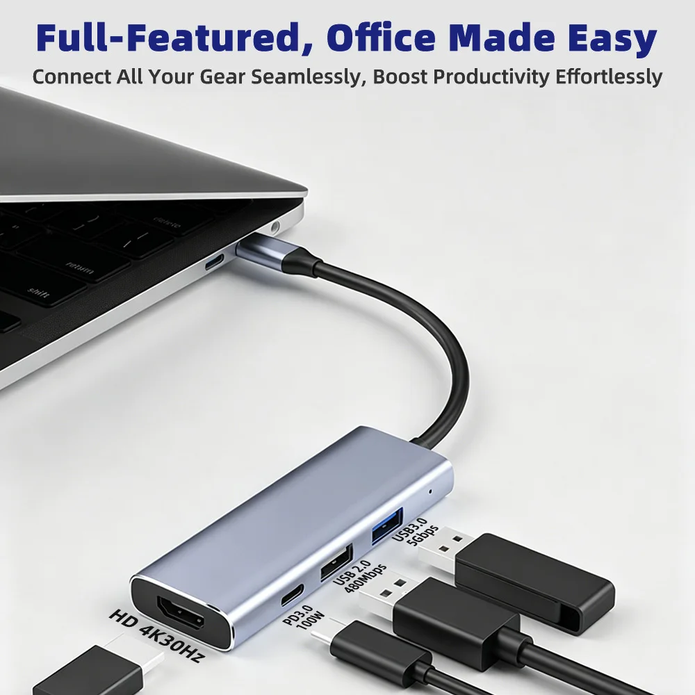 4-in-1 USB C Hub Docking Station Type C to 4K HD USB 3.0 2.0 PD 100W Fast Charging Adapter for MacBook Pro Air Laptop PC iPad