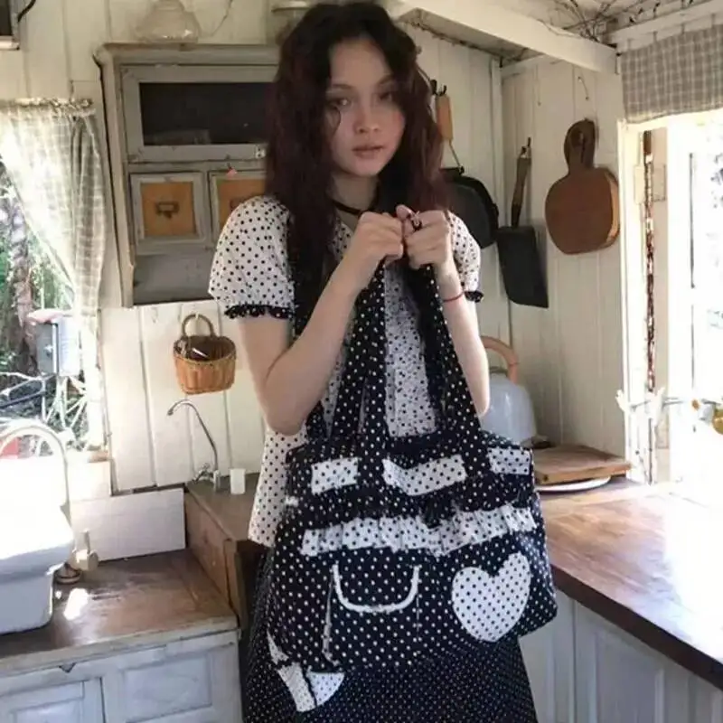 Dot Pattern Casual Shoulder Bag Ruched Sweet Girls Large Capacity Tote Bags Heart Pocket Cute Handbag Commuting Bags For Women