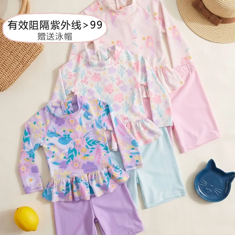 Toddler Girl Mermaid Swimwear Ruffle Floral Print One Piece Bathing Suit for Swimming Pool Quick Dry UPF50+ Kids Swimwears
