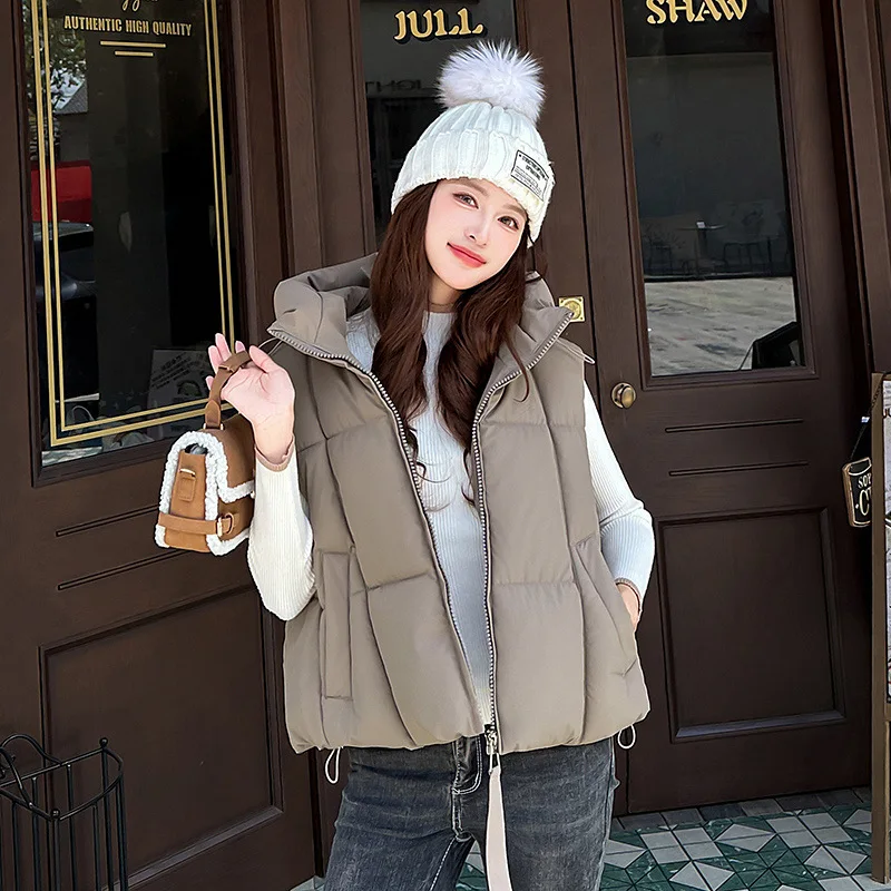 

Women Hooded Parkas Vest Coat Oversize Jacket Solid Sleeveless Drawstring Hem Zipper Loose Thick Casual Office Lady 2025 Winter