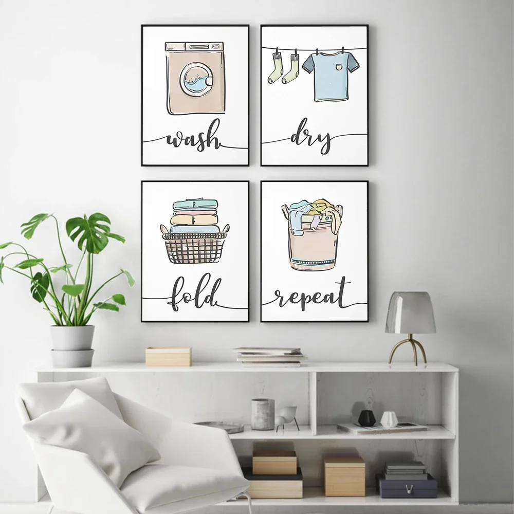 Wash Dry Fold Repeat Laundry Sign Colorful Wall Art Print Canvas Painting Nordic Poster And Print Pictures Bathroom Home Decor