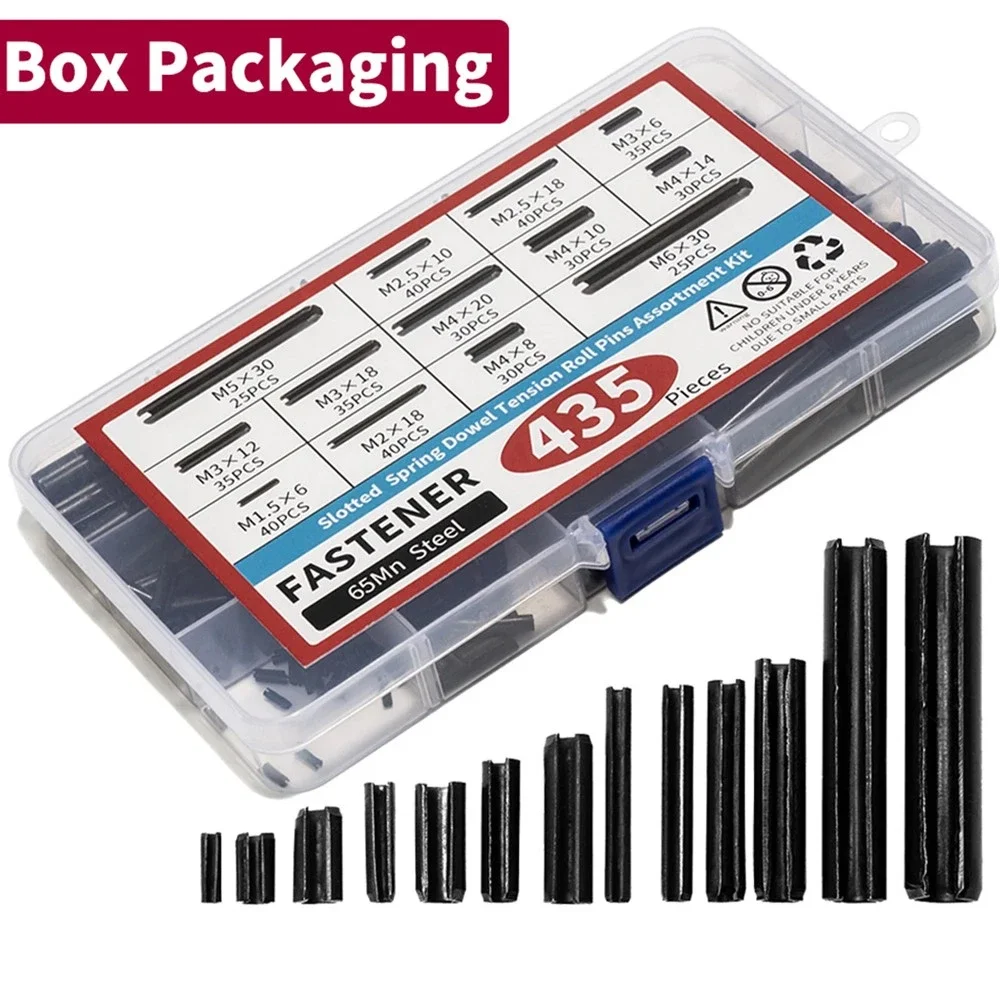 

435pcs Spring Steel Pins Black Oxide Roll Pin Kit Split Dowels Slotted Tension Pins Home Improvement Automotive Repair