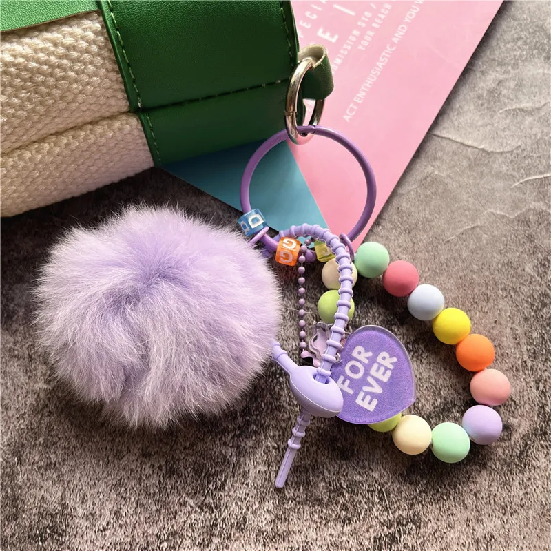 Key Tags Hair Ball Keychains Couple Gifts Colorful Beads Car Keychain Diy Keychain Accessories Small Fresh Hanging Key Chain