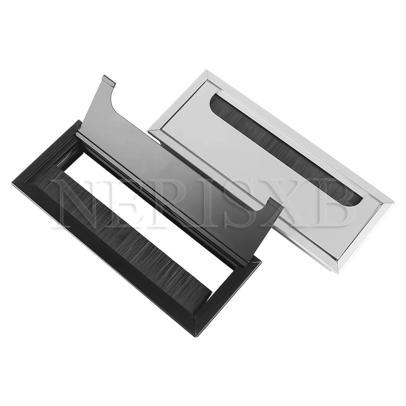 Aluminum Alloy Desk Table Rectangle Cable Grommet Hole Cover Black Brushed Wire Outlet Port 80mm for Organizing Cables