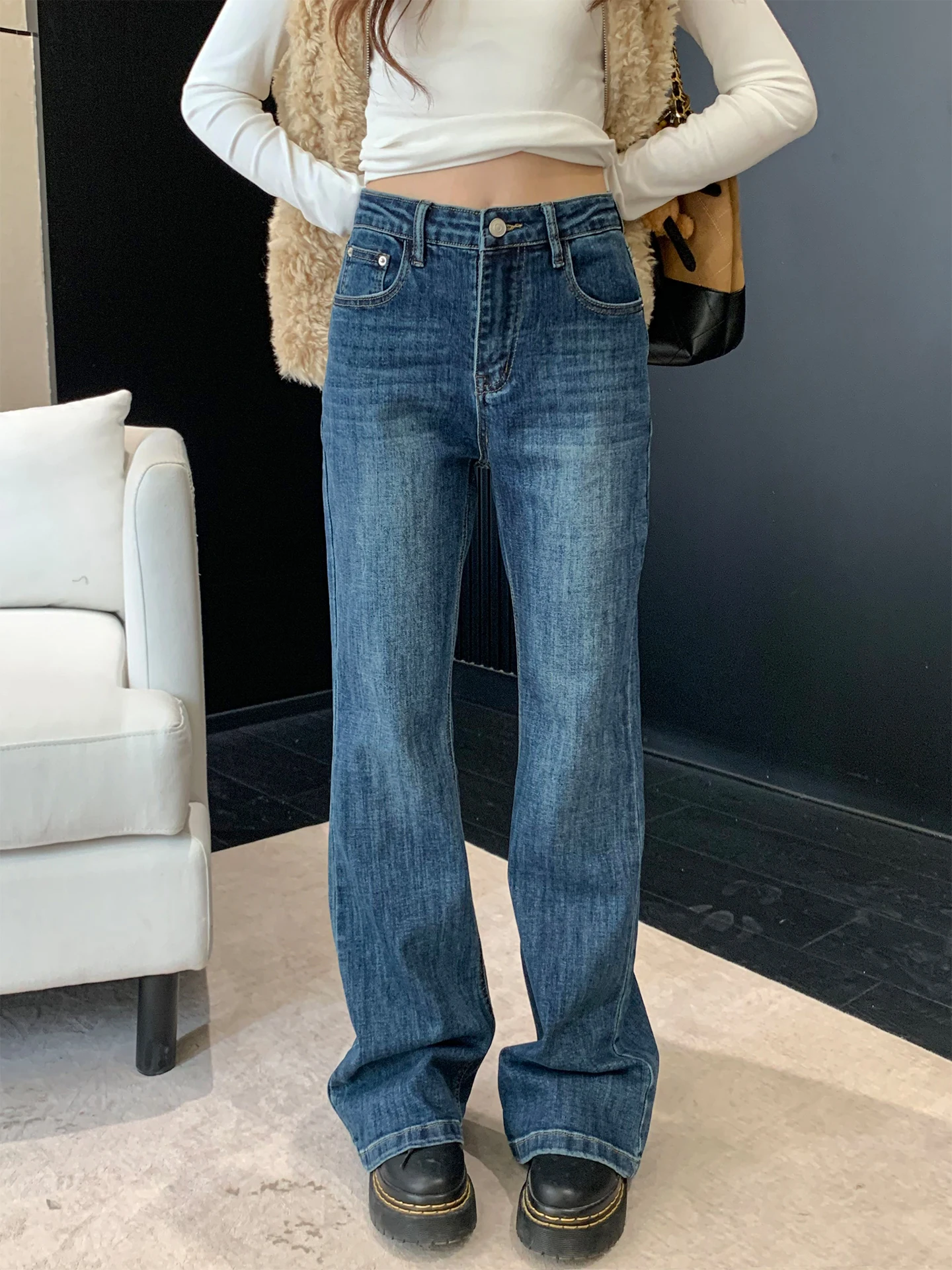 

Retro Bell Bot Jeans Women's Slim Fit Non-Matching Winter Jeans Orange Tree Vintage High Waist Button Fly Commute Pants