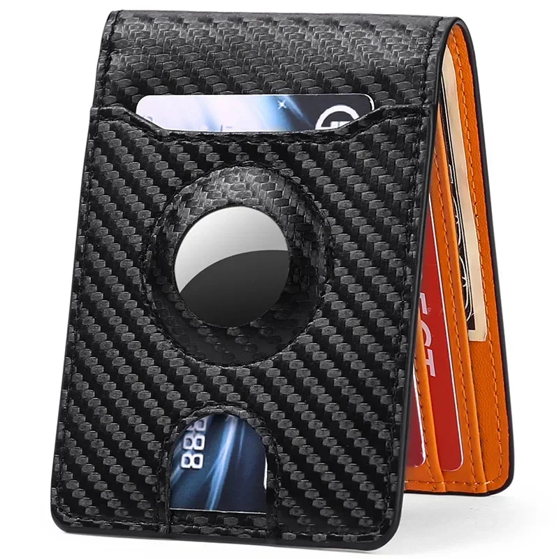 

Airtag Wallet Men Card Holder with Airtag Holder Carbon Fibre Black Orange Color Contrast Slim Men's Bifold Wallet