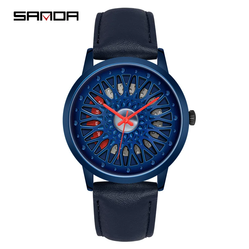 Sanda-ساعة يد تناظرية للرجال ، عجلة سيارة 1060 ، تصميم مجوف ، قرص منحوت ، حزام مضاد للمياه ، حركة كوارتز اختيارية ، موضة