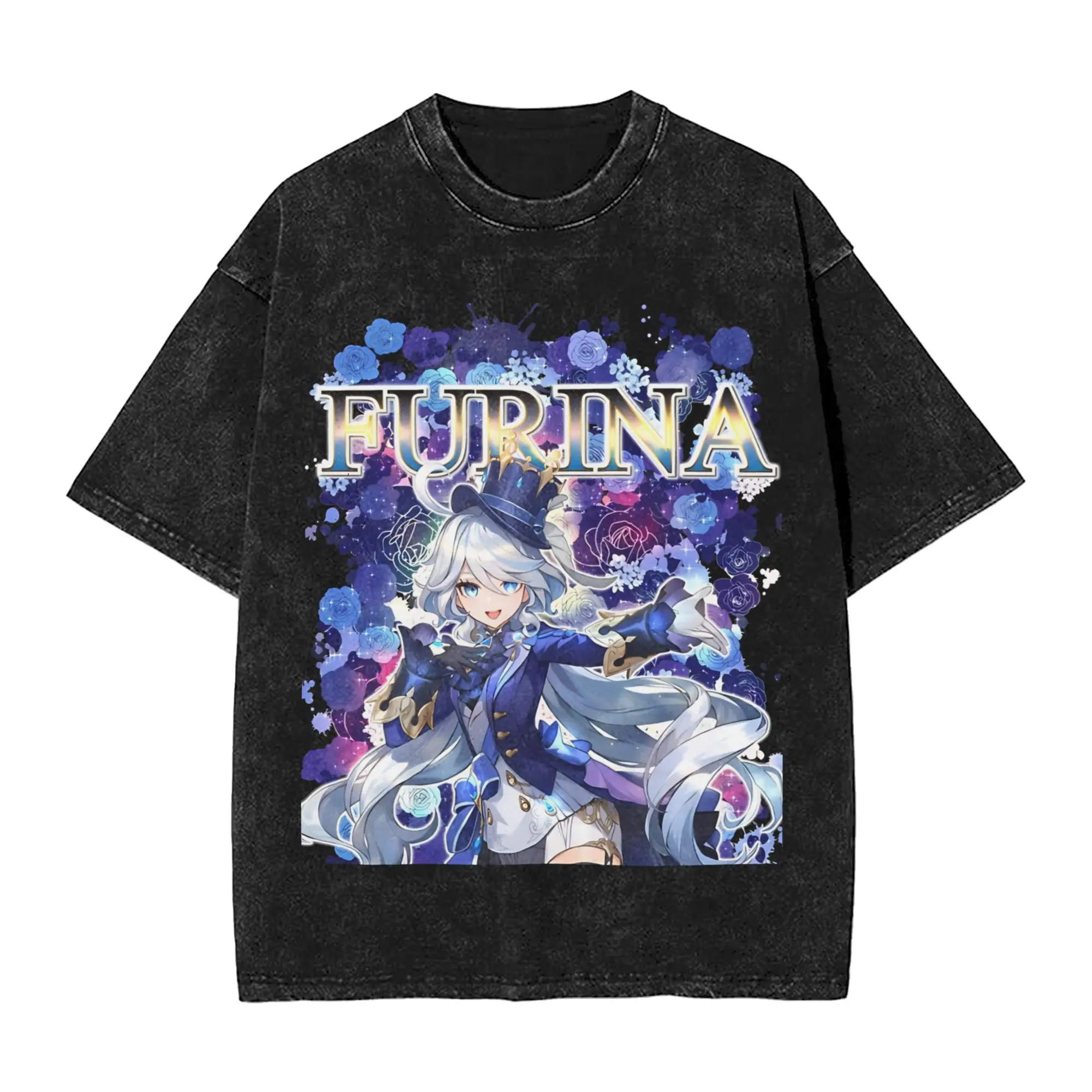 Furina Flowers Genshin Impact T Shirt Hip Hop Washed 100% Cotton Oversize T-Shirts for Men Women Tops Streetwear Printed Tees