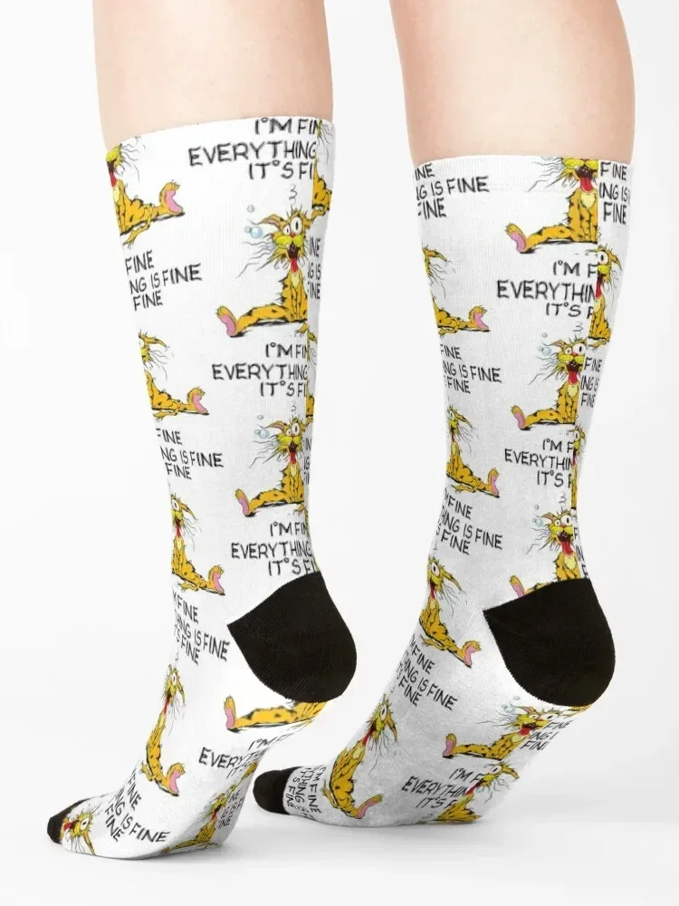 Its Fine Im Fine Everything Is Fine Funny Quote Cat T-Shirt Socks with print crazy custom Socks Women's Men's