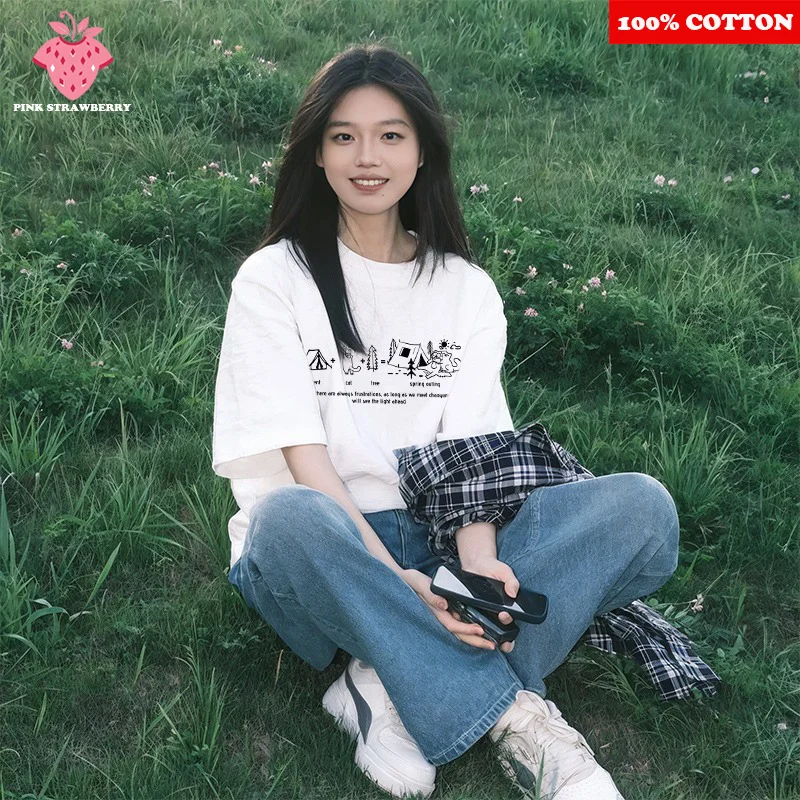 

Korean style White Print T-shirt Women Summer 2025 New 100% Cotton Round neck Short sleeves Loose T-shirt Y2k Top Female clothes