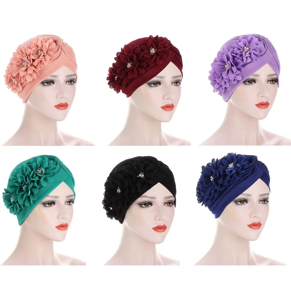 Turbante Mujer Indian Cap Elastic Pearls Headscarf Bonnet Turban Women Flowers Ruffle Caps