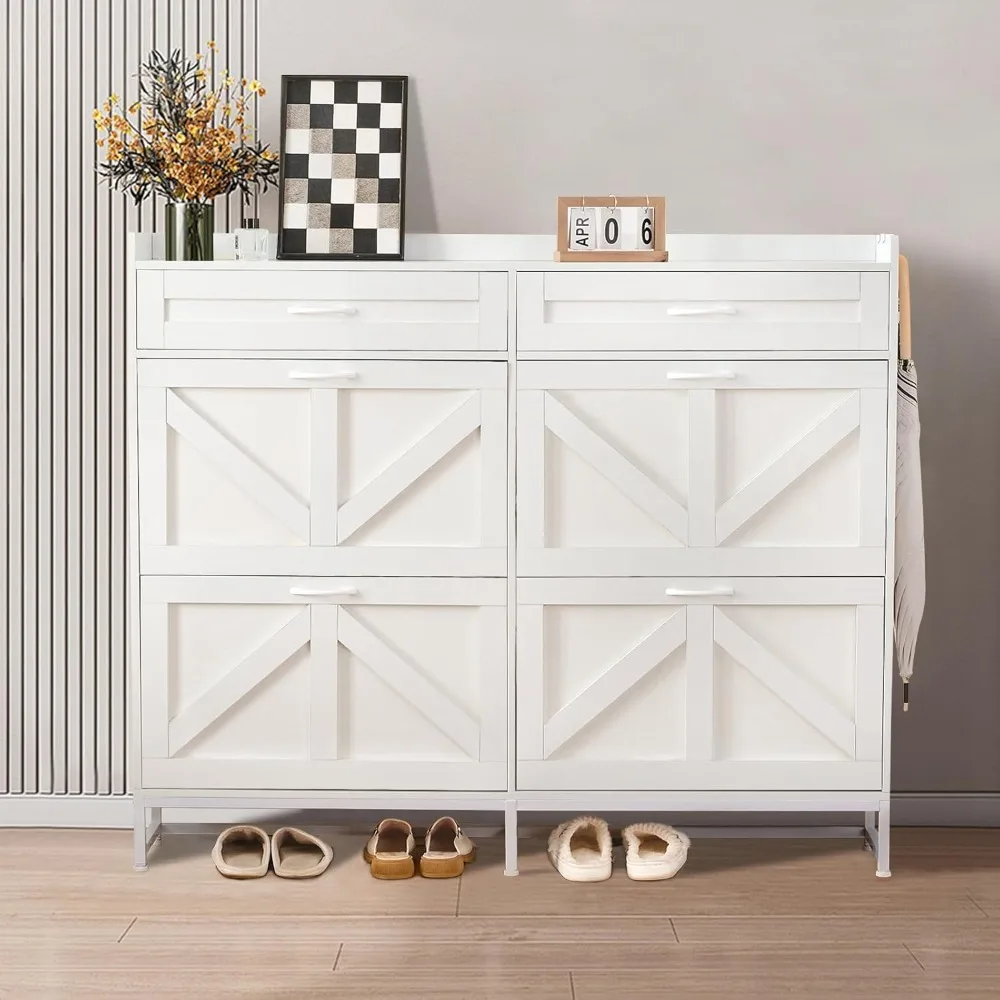 Farmhouse-Style Shoe Storage Cabinet with 4 Flip-Top Drawers and 2 Additional Drawers
