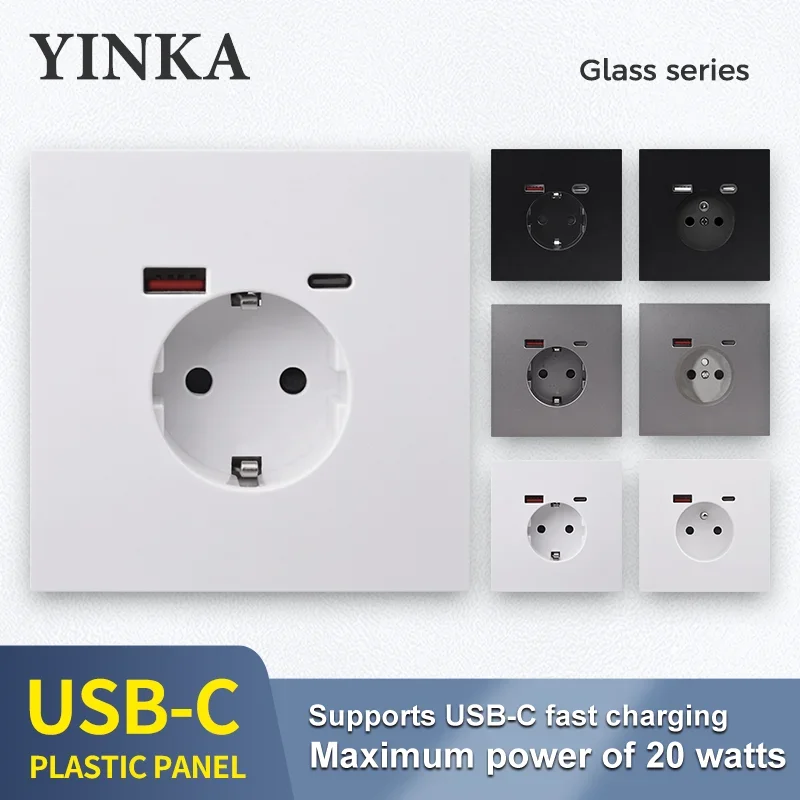 

YINKA EU Standard Socket Plastic Panel 16A Wall Power Outlet AC110V-250V French Socket with USB Type-C Charge Por 3100mA 86type