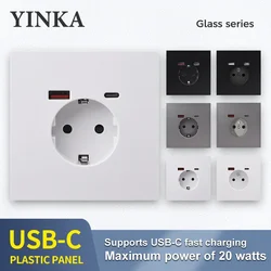 YINKA EU Standard Socket Plastic Panel 16A Wall Power Outlet AC110V-250V French Socket with USB Type-C Charge Por 3100mA 86type
