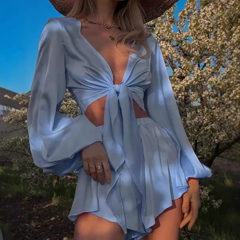 

Women's Fairy Summer Tops Sets Shirts Long Sleeves Shorts Lace Sexy Solid Color Casual Simple Advanced Design Fashion Versatile