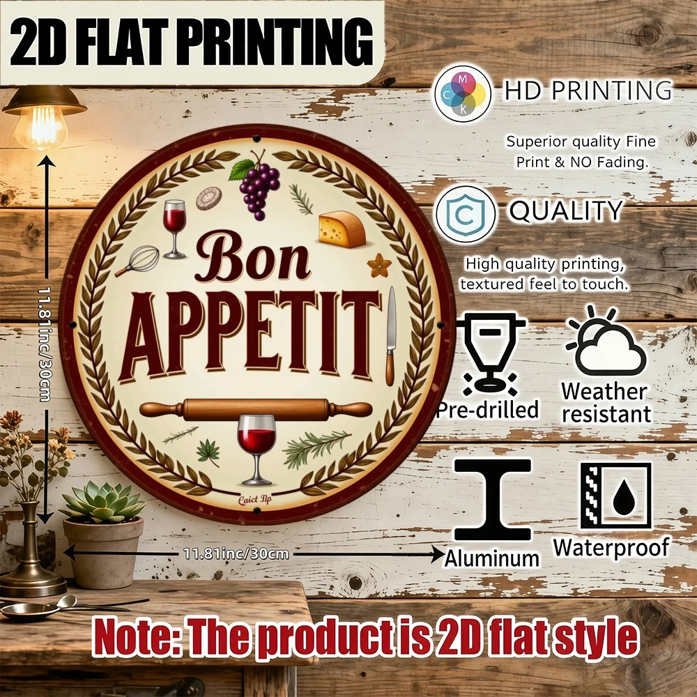 Vintage 2D Metal Sign, Bon Appetit Round Wall Decor, 11.81x11.81 Inch Kitchen Art, Floral Design for Home, Office, Party