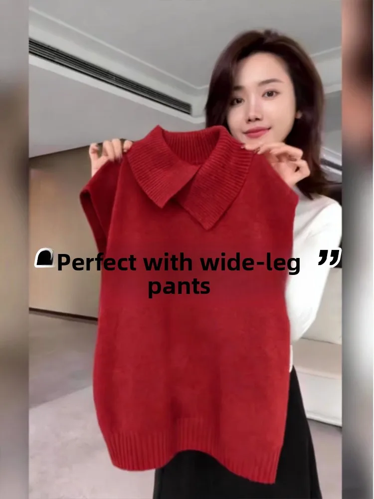 Red Knitted Vest Women's Spring Autumn Outerwear Layering Collar Design Casual Slimming Korean Style Early Autumn Popular Vin...